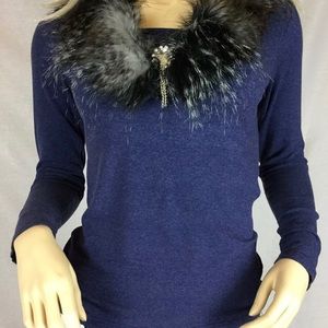 Fancy Navy blue faux fur collar grey, black and brownish Turkish Women’s top